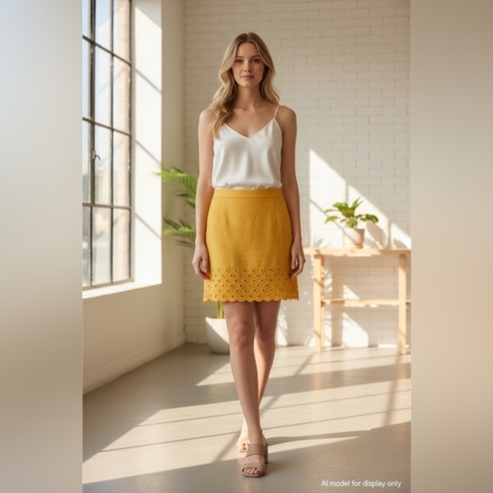 Michael Kors Yellow Linen Skirt Size 10 Eyelet Floral Hem Embroidered